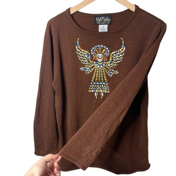 Bob Mackie Embroidered Tribal Aztec Angel Sparkle Brown Knit Sweater Medium - Picture 1 of 7
